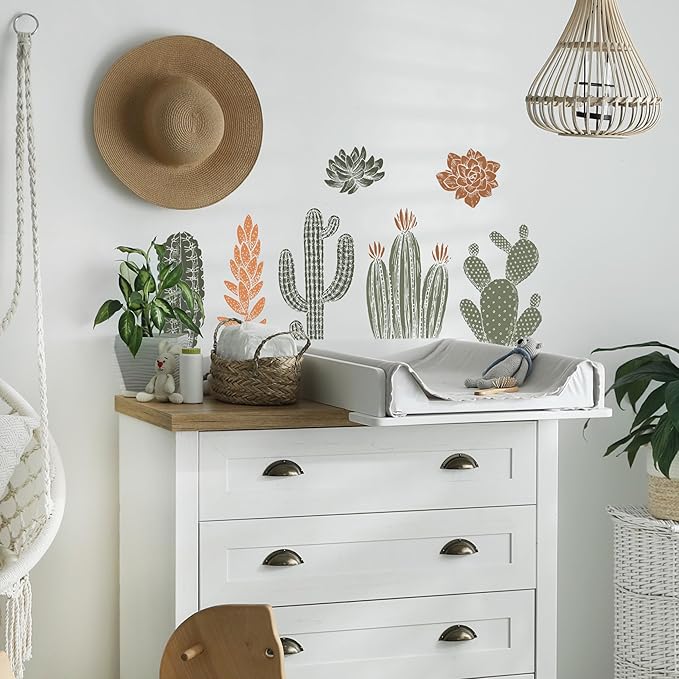 Cactus Wall Decals - Set of 15 Cacti Vinyl Room Decor Peel and Stick Removable Floral Stickers for Nursery Bedroom Bathroom