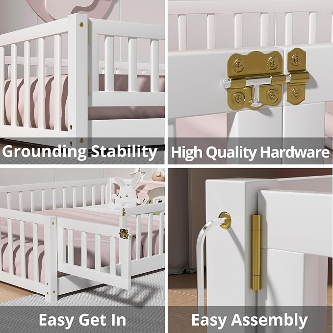 i-POOK Full Size Floor Bed for Children, Solid Wood Montessori Bed Frame with Fence & Door Montessori Floor Bed with Safety Guardrails for Girls and Boys, White (with Bed Slats)