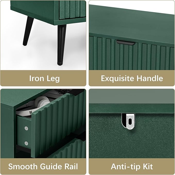 Fluted Dresser for Bedroom with 4 Drawers, 24'' Wide Modern Dresser with Metal Handle, Wood Dressers Organizer with Blister Drawers for Bedroom, Green