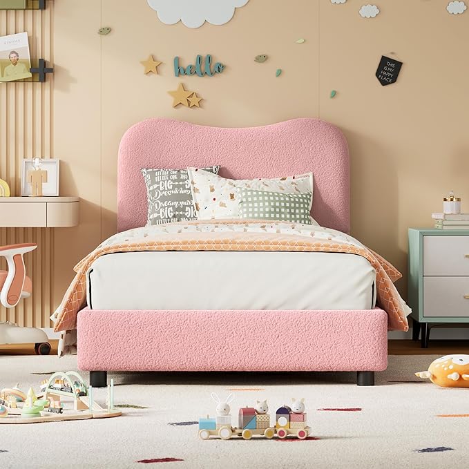 Senfot Pink Twin Kids Bed Frame with Upholstered Headboard, Low Profile Sturdy Platform Bed with Soft Boucle Fabric for Girls and Boys, Heavy Duty, Wooden Slats, Noise Free, No Box Spring Needed