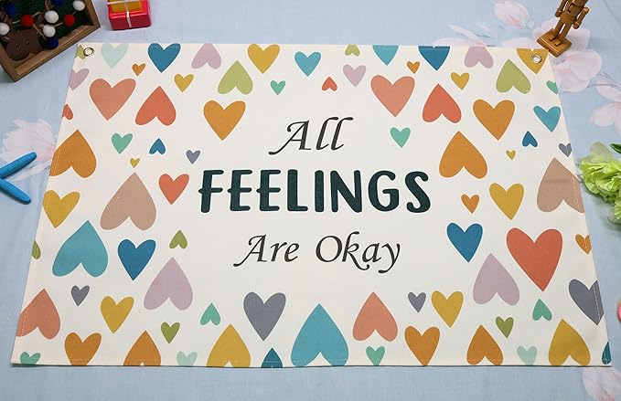 Mental Health Inspirational Rectangular Banner Flag Sign Wall Decor Gift for Boy Girl Kids Teen,Classroom Therapy Office Homeschool Reading Room Door-Birthday Christmas Gift-All Feelings Are Okay