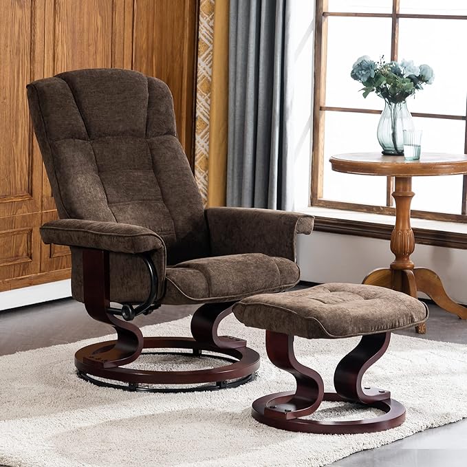 MCombo Manual Swivel Recliner with Ottoman, Chair Ottoman Set for RV Small Spaces, Living Room, Bedroom, Office 9019 4919 (Textile, Dark Brown)