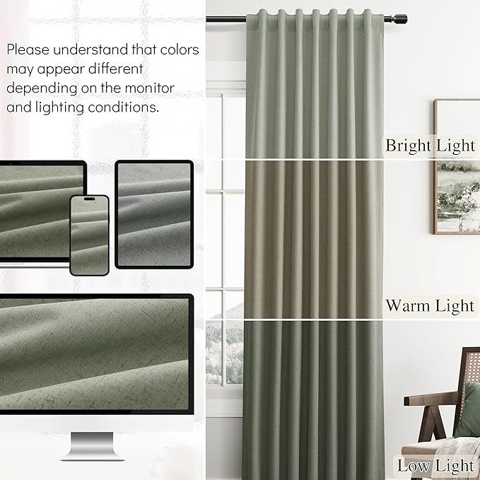 Sage Green Linen 100% Blackout Curtains 90 Inches Long for Bedroom Back Tab Hook Belt Elegant Country Farmhouse Room Darkening Thermal Insulated Soundproof Drapes Living Room Office 2 Panels Set 52x90