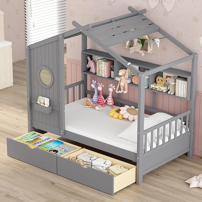 Bellemave Twin Size House Bed with Storage Drawers,Kids House Bed Frame with Shelves,Cute Wood House Bed Twin with Roof for Kids,Girls,Boys,Gray