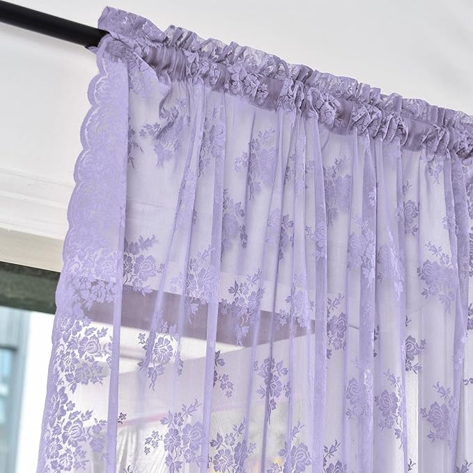 Kotile Light Purple Lace Curtains 54 Inch Length, 2 Panels, W42 x L54 Inch Each, Country Rustic Floral Vintage Sheer Curtains for Girls Bedroom, Rod Pocket Privacy Light Filtering Window Lacy Curtain