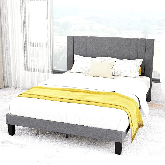 Tyndall Queen Size Bed Frame, Linen Fabric Upholstered Platform with Headboard