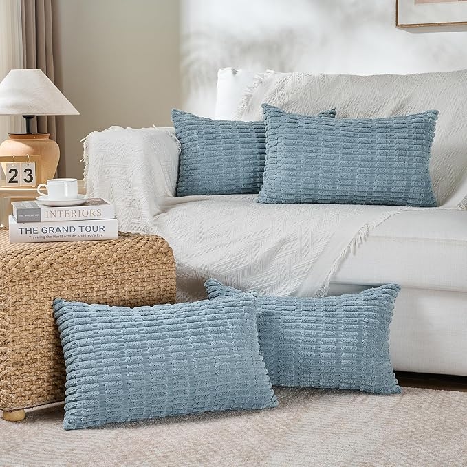 Fancy Homi 2 Packs Boho Light Blue Decorative Throw Pillow Covers 14x24 Inch for Couch Bed Sofa, Rustic Modern Farmhouse Home Decor, Soft Plush Corduroy Cute Rectangle Cushion Case 35x60 cm