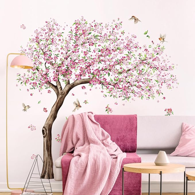 Tanlaby Large Cherry Blossom Tree Wall Decals Pink Peach Flower Tree Wall Stickers with Birds Peel and Stick Spring Wall Art Decor for Girls Kids Bedroom Nursery Living Room TV Decor
