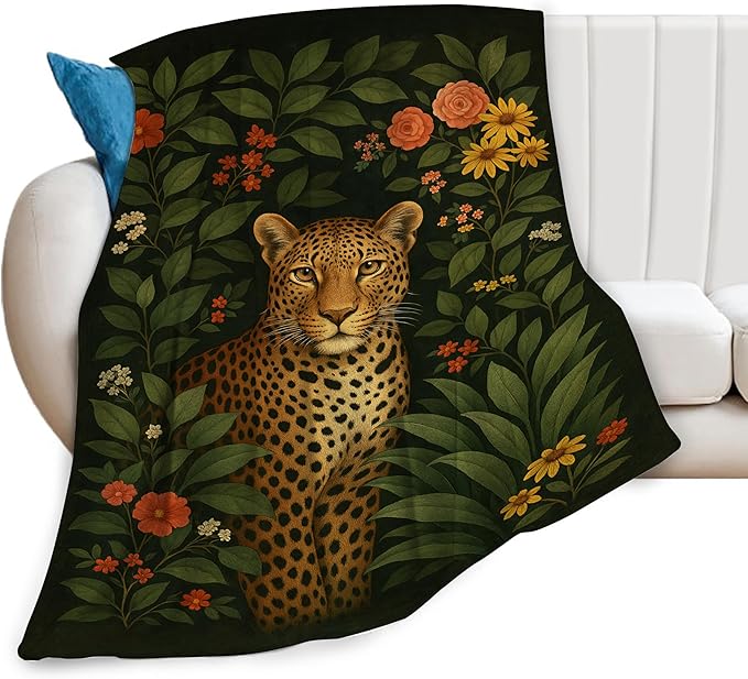 Cheetah Tropical Leaves Blanket Leopard Throw Blanket Soft Cozy Fleece Fuzzy Plush Warm Stuff Bedding Blankets Gifts for Kids Girls Boys Adults Women Men 50"x60"