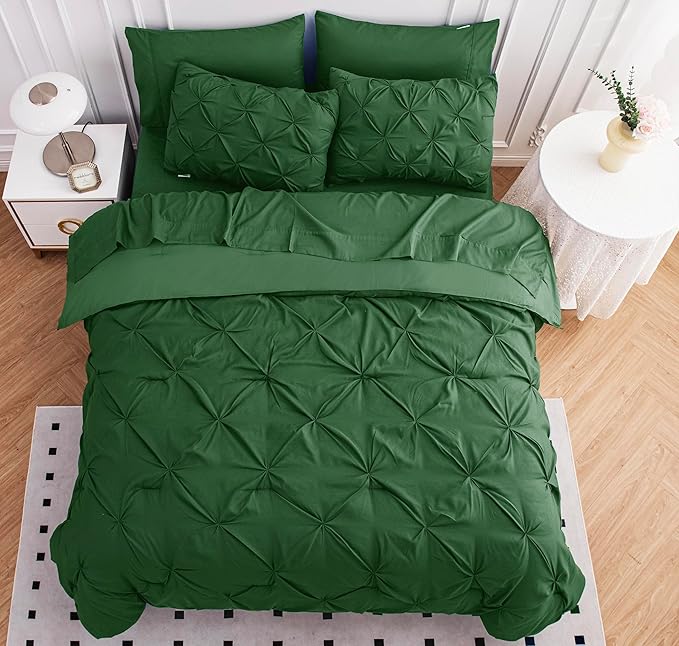 LANE LINEN Twin XL Comforter Set – 5 Piece Bed in a Bag – Pinch Pleated Twin XL Size Bedding Set with Comforter, Flat Sheet, Fitted Sheet, Pillowcase & Sham – Soft Pintuck Bed Set - Olive Green