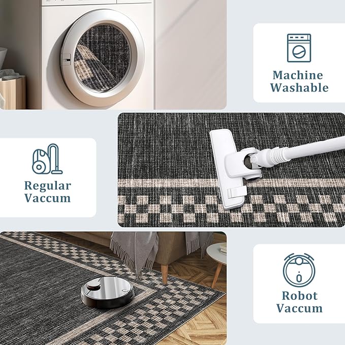 Small Bedroom Area Rug 3x5 Checkered Area Rug for Living Room Nursery Non Slip Kitchen Throw Carpet Low Pile Modern Bordered Rugs Washable Bathroom Mat Soft Brown Rugs for Laundry Entryway, Black