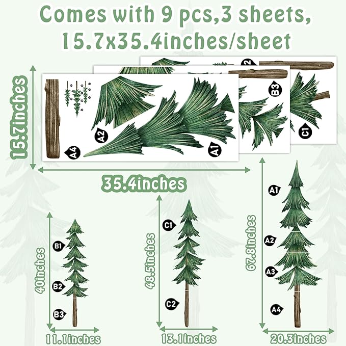 Large Pine Tree Wall Decal Giant Green Tree Wall Stickers Removable Large Forest Decals Peel and Stick Evergreen Trees Decal Woodland Trees Sticker for Living Room Bedroom Home Decor