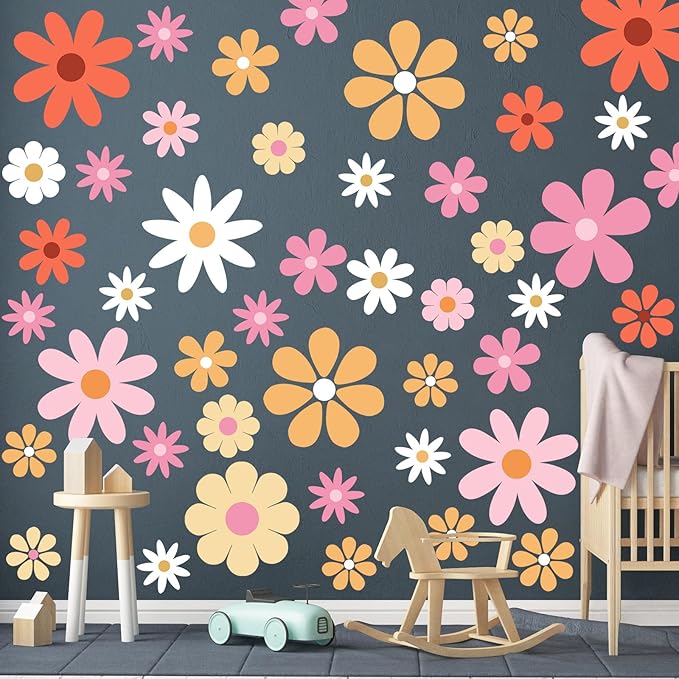 TaoBary 12 Sheets Daisy Wall Decal Flower Wall Sticker Cute Daisy Sticker Pink White Flower Decal Peel and Stick Floral Wallpaper for Nursery Bedroom Home Decor(Bright Color,Bright Style)
