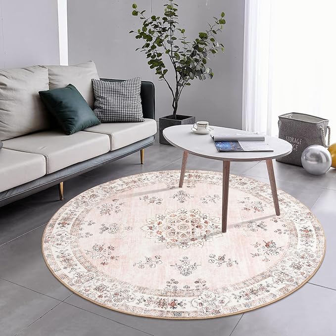 Lahome Washable Pink Round Rug 4ft, Soft Europe Vintage 4x4 Circle Rug for Nursery Girls Bedroom, Non-Slip Floral Pastel Circular Carpet for Living Room Indoor Floor Home Office Decor