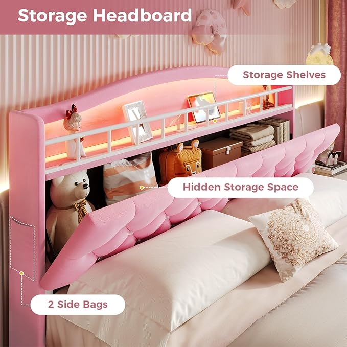 BTHFST Queen Szie Girls Bed with LED Lights & Charging Station, Princess Queen Size Bed Frame with Hidden Storage Headborad, Sturdy Platform Bed, No Box Spring Needed/Noise-Free/Easy Assembly, Pink