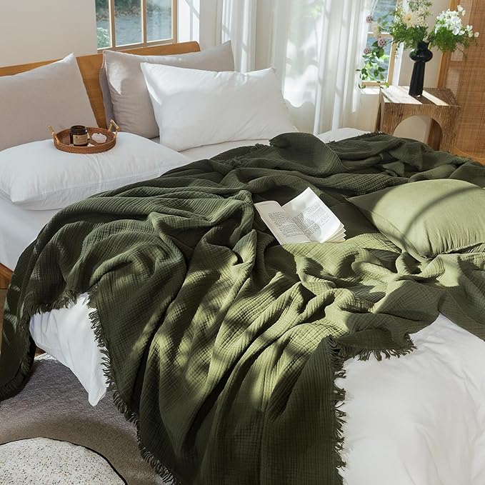 MooMee Muslin Blanket - 100% Cotton 4-Layer Gauze Throw Blanket with All-Around Fringe, Ultra-Soft Breathable Lightweight Cooling Decorative for Bed, Sofa & Couch (Olive Green, Queen 90" x 90")