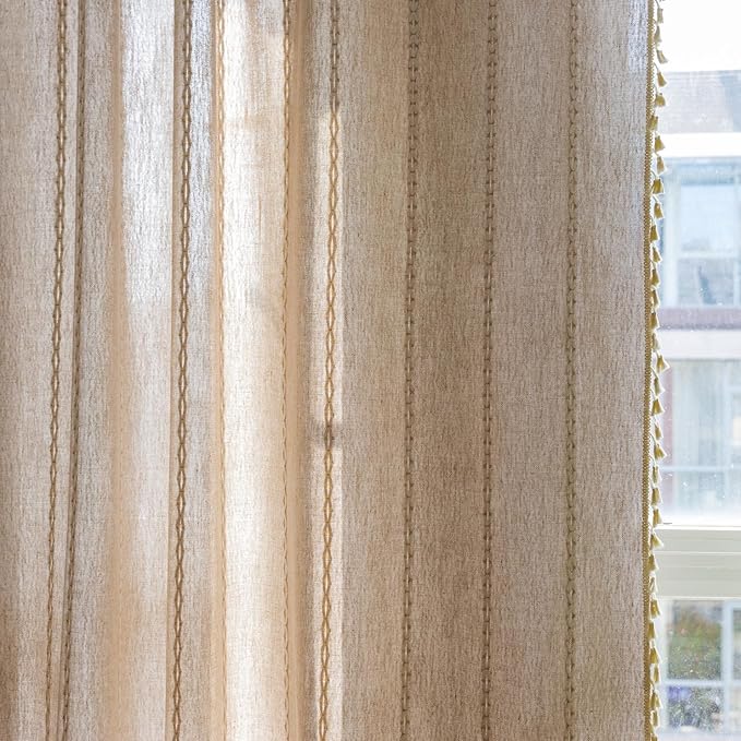Deeprove Natural Burlap Look Boho Curtains 90 inches Length for Living Room Bedroom Nursery, Vintage Chic Bohemian 90 inches Long Embroidery Farmhouse Tassel Window Treatments, W52 x L90, 1 Panel