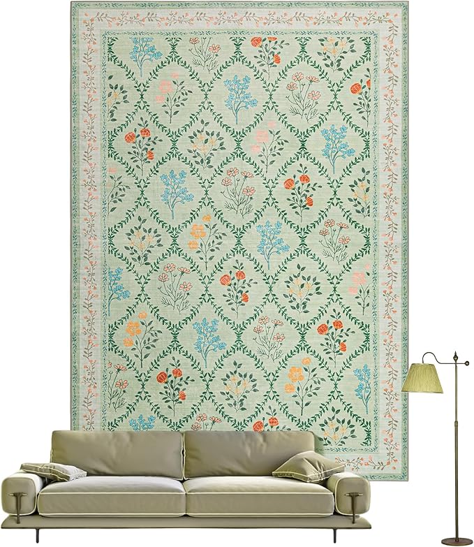 YIHOUSE 5x7 Washable Rug for Bedroom, Green Floral Rugs for Living Room Non Slip Ultra-Thin Large Boho Rug for Kids Playroom, Classroom, Girls Dorm, Nursery, Green Multi