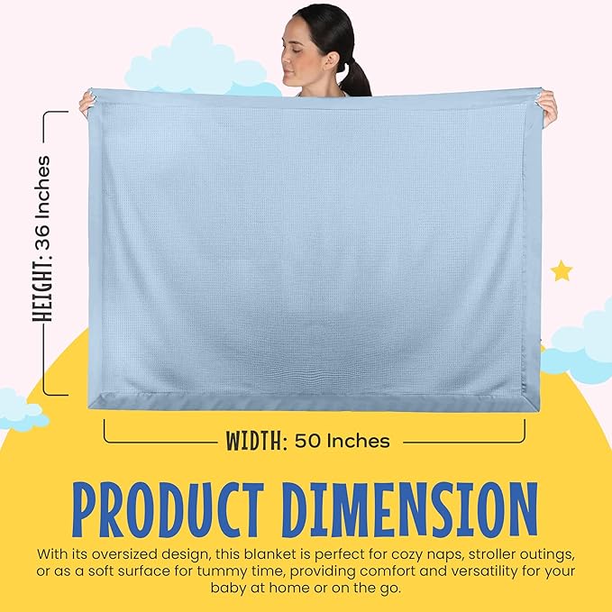 Blankets Thermal Waffle Baby Blanket Crib Bedding - Soft Cozy Warm Infant Thermal Cover for Nursery Stroller or Bassinet, Lightweight Ideal Shower Gift, Satin Trim Blue 36" x 50"