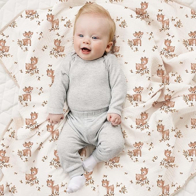 Konssy Muslin Baby Blankets for Girls Boys, 100% Cotton Crib Blanket for Baby Infant Toddler, Super Soft and Lightweight Nursery Blankets 40"x36" (Deer)