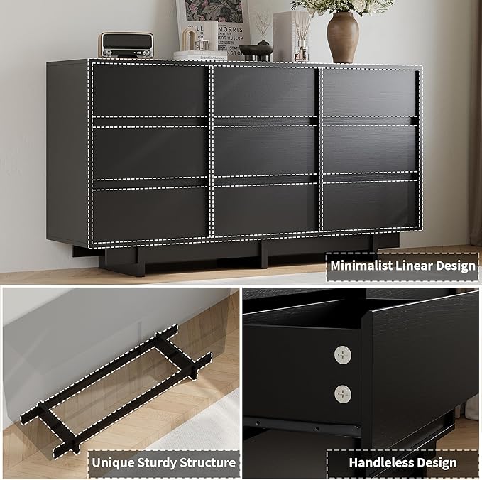 Black Dresser for Bedroom, 59" Wide 9 Drawer Dresser, Mid Century Modern Dressers Chest of Drawers, Wooden Large Dressers for Bedroom, Closet