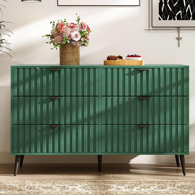 Fluted Dresser for Bedroom with 6 Drawers, 47'' Wide Modern Dresser with Metal Handle, Wood Dressers Organizer with Blister Drawers for Bedroom, Green