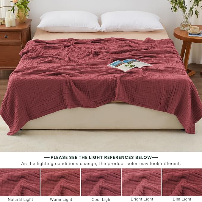 Love's cabin 6 Layer 100% Cotton Muslin Blanket, 108"x90" Muslin King Size Blanket for Bed Couch, Lightweight and Breathable Cotton Gauze for Adult, Wine Red