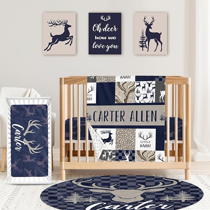 Custom Baby Crib Bedding Set,Personalized Name Navy Deer Theme Nursery Bed Set 4 Piece,Baby Blanket Fitted Sheet Nursery Rug Wall Art Set,Custom Room Decor Idea Gift for Newborns Boys Girls