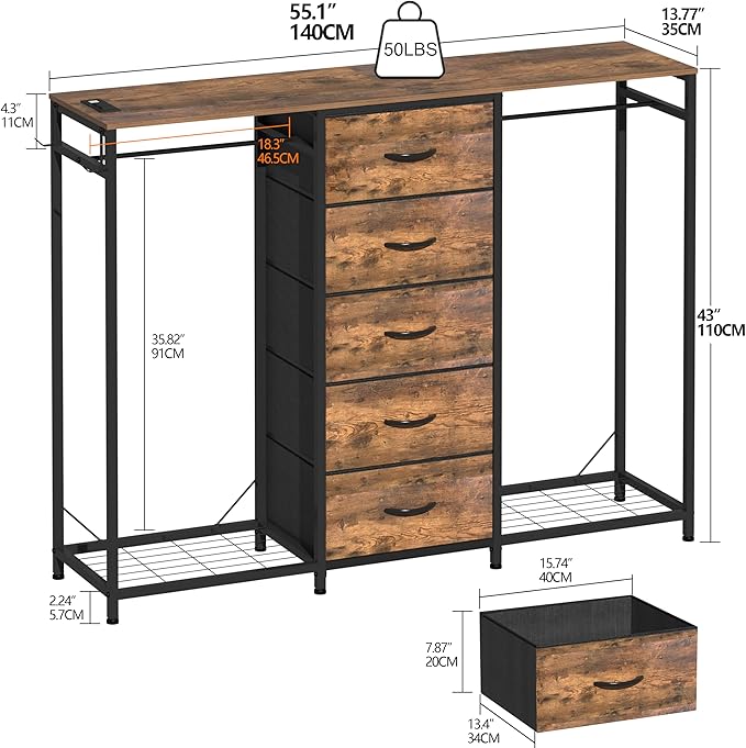 Dresser for Bedroom with Clothes Rack 5 Drawer Dresser with Charging Station LED Lights White Chest of Drawers Flexible Shelf and Open Storage Space for Bedroom Living Room (Brown)