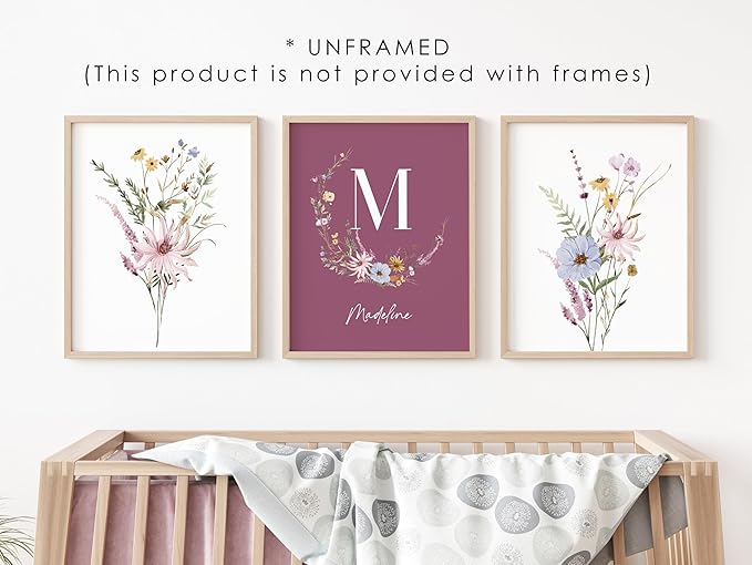 Personalized Name Flower Nursery Wall Art Prints, Crib & Nursery décor, Newborn Baby Girl Gift Present, Floral Baby Girl Room Pictures, Poster For Baby And Kids (6 Prints, Flower 6)