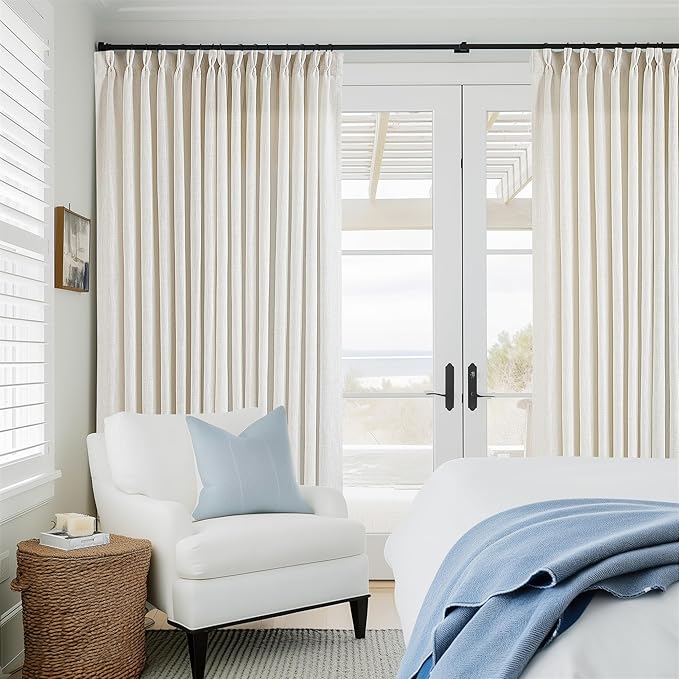 Extra Wide Pinch Pleat Linen Curtains 108 Inches Long for Living Room Sliding Glass Door 100 Inch Wide Semi Sheer Curtain Cream Ivory Pleated Drape Hooks Rings 100x108 Large Window Curtain 1 Panel