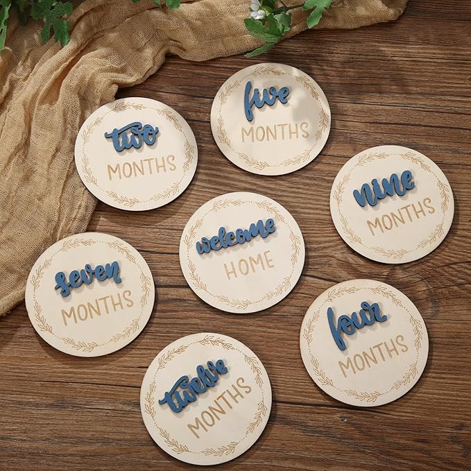 Baby Monthly Milestone Cards, Wooden 3D Baby Milestone Signs, Double Sided Blue Monthly Baby Milestone for Newborn Boy Girl 1-12 Months Photos