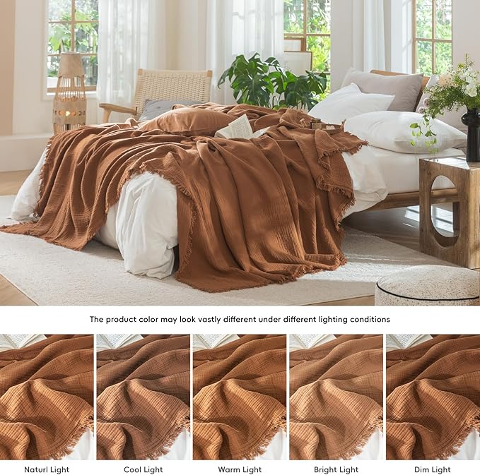 MooMee Muslin Blanket - 100% Cotton 4-Layer Gauze Throw Blanket with All-Around Fringe, Ultra-Soft Breathable Lightweight Cooling Decorative for Bed, Sofa & Couch (Drak Orange,Super King 108" x 98")