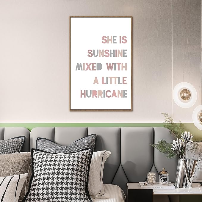 PHAMTE Girls Bedroom Wall Art Framed,She is Sunshine Mixed with a Little Hurricane Girly Room Wall Art Decor, Sunshine Boho Print Framed Canvas Painting Dorm Bedroom Nursery Playroom Decor 16x24in