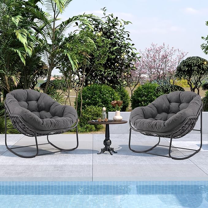 Oversized Outdoor Papasan Rocking Chair Set of 2 with Soft Cushion, Comfy Patio Egg Chair, Wicker Lounge Rocker for Balcony/Porch/Garden, Reinforced All Weather Rattan Frame, Dark Grey