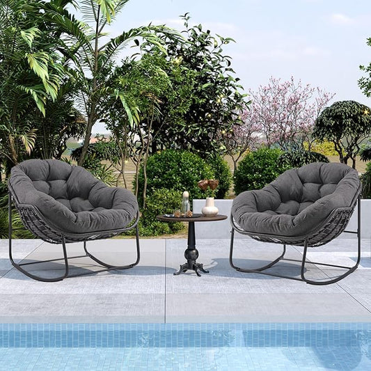 Oversized Outdoor Papasan Rocking Chair Set of 2 with Soft Cushion, Comfy Patio Egg Chair, Wicker Lounge Rocker for Balcony/Porch/Garden, Reinforced All Weather Rattan Frame, Dark Grey
