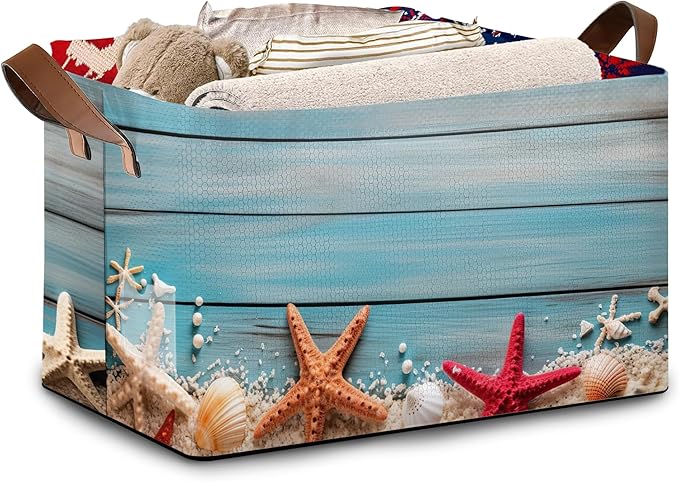 Beach Seashell Starfish Storage Basket Large 17x11.5x10.5 Inche-Collapsible Fabric Organizer Bin with Handles for Bathroom, Nursery, Beach Towels-Decorative Hamper with Coastal Nautical-Single Pack