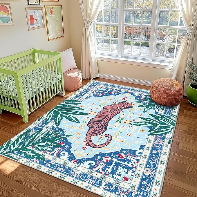Area Rug 4x6 Tiger Rug Washable Non-Slip Blue Boho Vintage Whimsical Animal Cheetah Print Jungle Rug for Bedroom Boys Room Hallway Soft Cozy Fun Tropical Woodland Carpet for Playroom Laundry Room