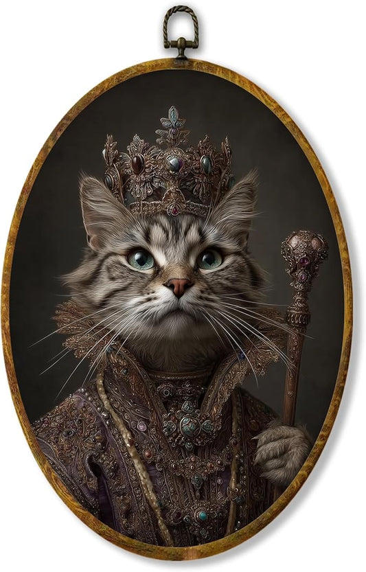 Hiuwevt Vintage Cat Oval Wall Art Decor, Cat Framed Canvas Prints, Moody Dark Academia Kitten Oval Wall Hanging Decor for Home Bedroom Living Room Decorations, 8.6x11.4 Inches