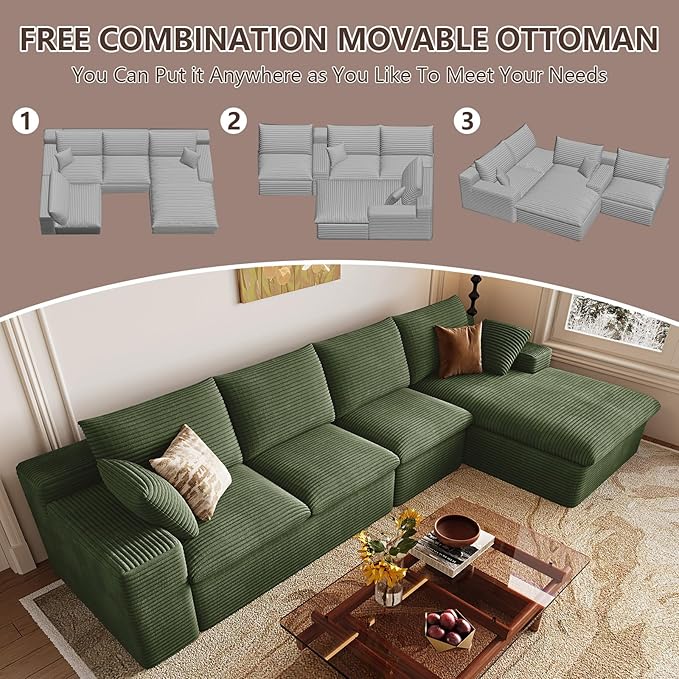 Cloud Sectional Couch,136 Inch Modular Sectional Sofa with Deep Seat, Modern Corduroy Boneless Couches with L-Shape Chaise for Living Room Bedroom, No Assembly Required (Green, Right Facing Chaise)