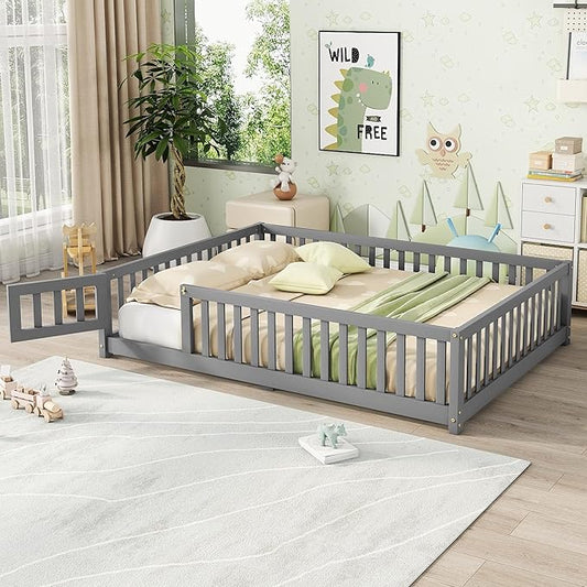 Bellemave Full Size Floor Bed with Slats and Safety Guardrail, Full Size Montessori Floor Bed with Fence and Door, Easy Assemble Montessori Beds for Kids, Girls, Boys, Gray