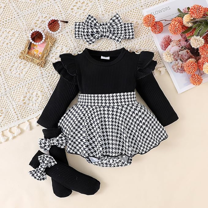 Giraropa Baby Girl Fall Winter Clothes Long Sleeve Romper Dress + Socks + Headband Newborn Infant Cute Casual Outfits