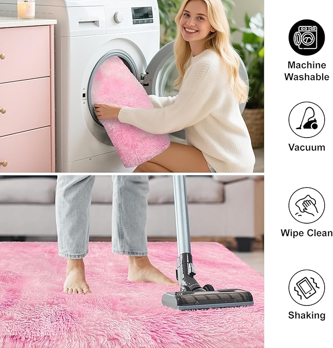 Fluffy Pink Shag Rug for Bedroom Girls 3x10 Runner Rug, Soft Pink Fuzzy Rug for Girls Room Bedside Living Room Hallway Plush Long Carpet Runner for Kids Room Nursery