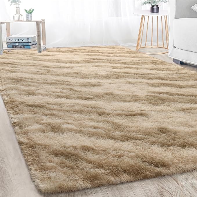 Merelax Area Rugs for Living Room Bedroom, Machine Washable 4x6 Feet Soft Fluffy Shaggy Bedside Rug, Indoor Floor Carpet for Kids Dorms, Nursery Rooms, Playroom, Home Decor Aesthetic, Beige/Brown