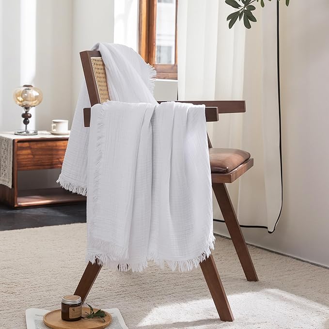 FOSSA Muslin Blanket with Fringe - 4-Layer 100% Cotton Gauze Super Soft & Breathable Throw -Lightweight Decorative Cooling Blanket for Bed, Sofa, Office -Super King 108" x 98" (Bright White)