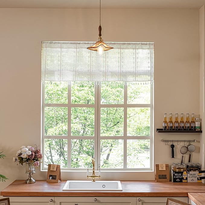 Deeprove Boho Valance Kitchen Short Curtain, Textured Striped Drape Light Filtering Tier Embroidered Chic Window Treatment for Cafe Restaurant Laundry Room, W52 x L18 inch Single 1 Panel Cream White