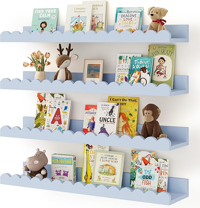 Shario Nursery Book Shelves, 4-Pack White Floating Shelves for Wall Kids, Scalloped Shelves, Wall Book Shelves for Bedroom Kids, Toddler Room, Baby Room, Nursery Decor(Blue, 23 Inches)