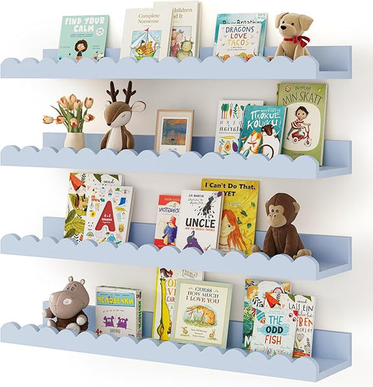 Shario Nursery Book Shelves, 4-Pack White Floating Shelves for Wall Kids, Scalloped Shelves, Wall Book Shelves for Bedroom Kids, Toddler Room, Baby Room, Nursery Decor(Blue, 23 Inches)