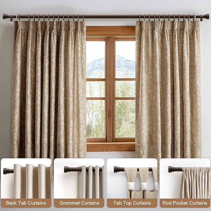 2 Pack Deep Walnut Wood Grain Curtain Rods for Windows 48 to 84 Inches 1" Diameter Heavy Duty Window Curtain Rod Adjustable with Solid Finials for Living Room Bedroom Kitchen Farmhouse Outdoor