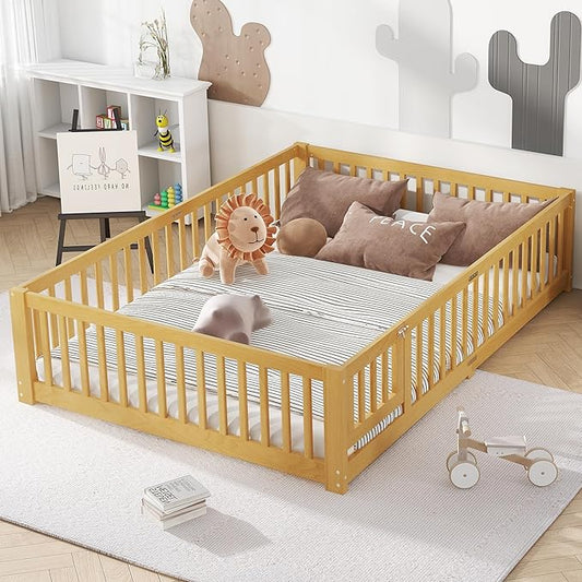 Harper & Bright Designs Queen Size Montessori Bed with Door and Fence, Kid's Floor Bed Frame with Solid Wood Support Slats for Boys, Girls, Natural